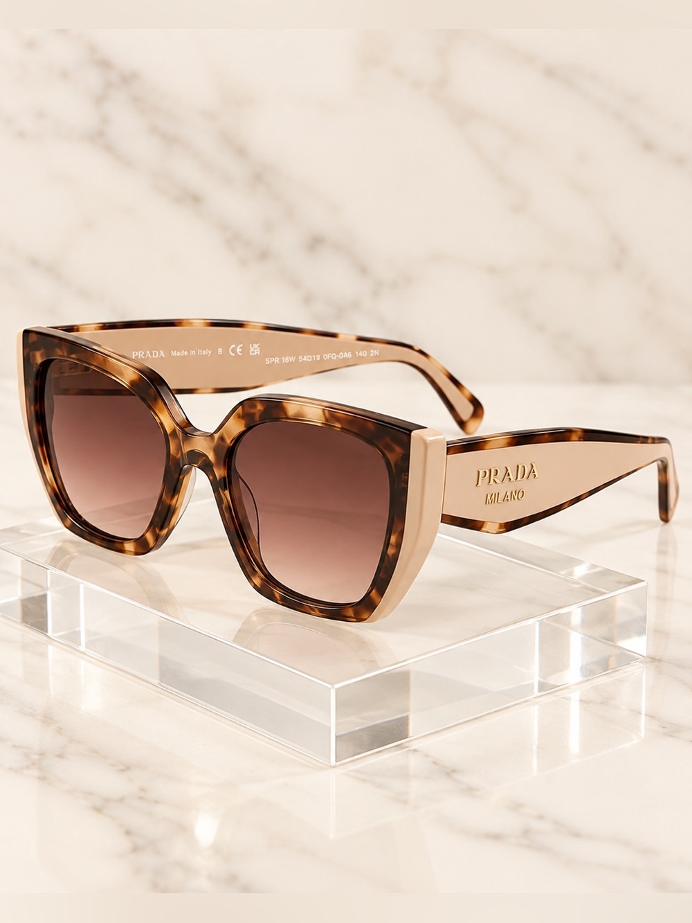 Prada SPR 16W Oversized Cat Eye Sunglasses Tortoise Beige Brown Gradient 54mm